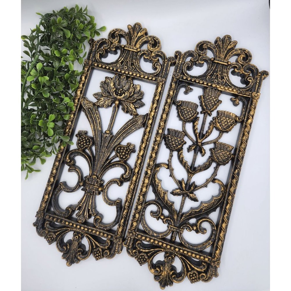 Vintage 1975 Homco Floral Wall Hangings with Hammer Metal Look - Medieval Style!